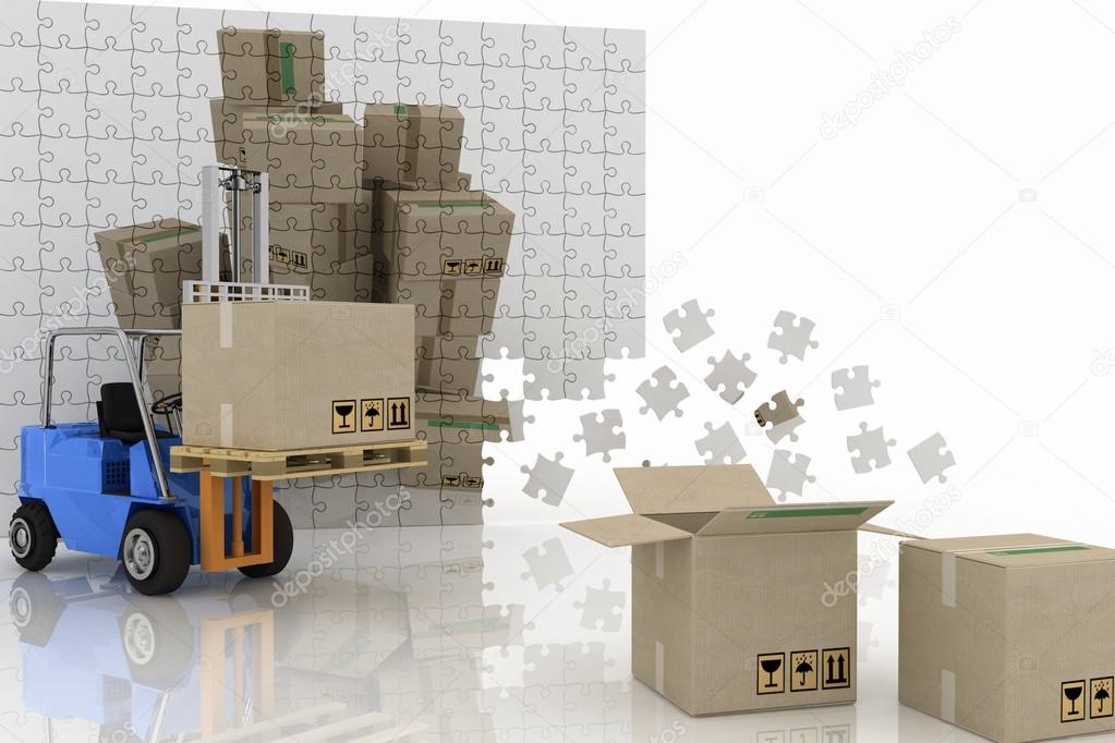 Boxes shown in the plane of the puzzle and forklift with a load