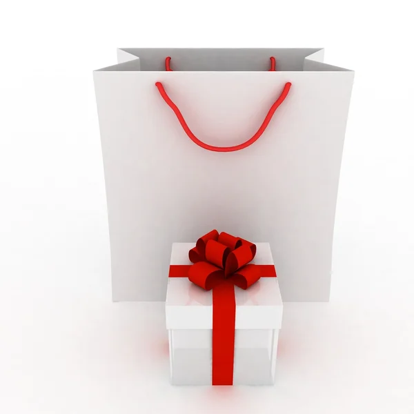 Scatola regalo con fiocco rosso e borsa per regalo — Foto Stock