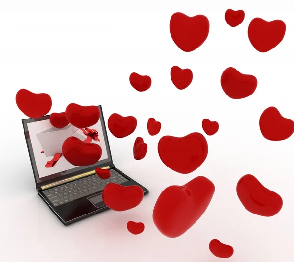 Hearts take off from the screen of laptop — Stock Photo, Image