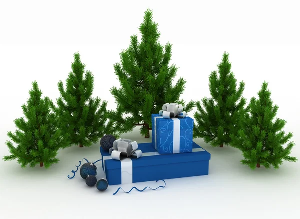 Vánoční stromky a dary na bílém pozadí — Stock fotografie