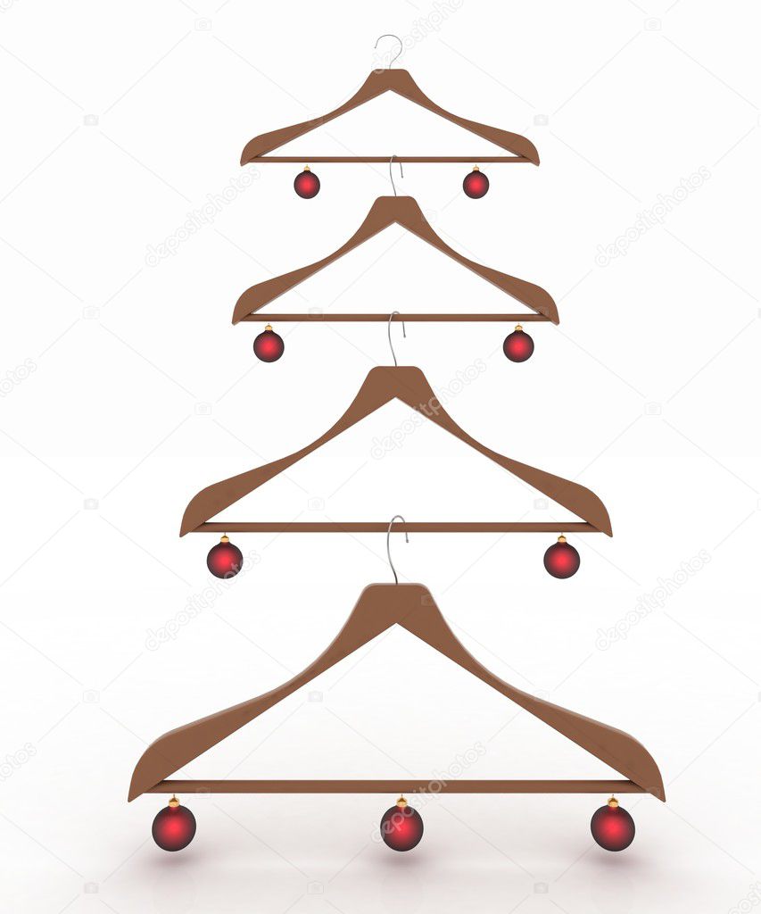 Christmas tree made of clothes hangers decorated with red balls