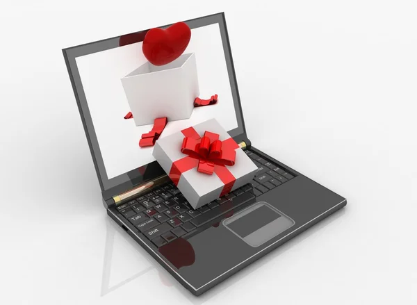 Laptop and open box for gift with a heart — Stock Photo, Image