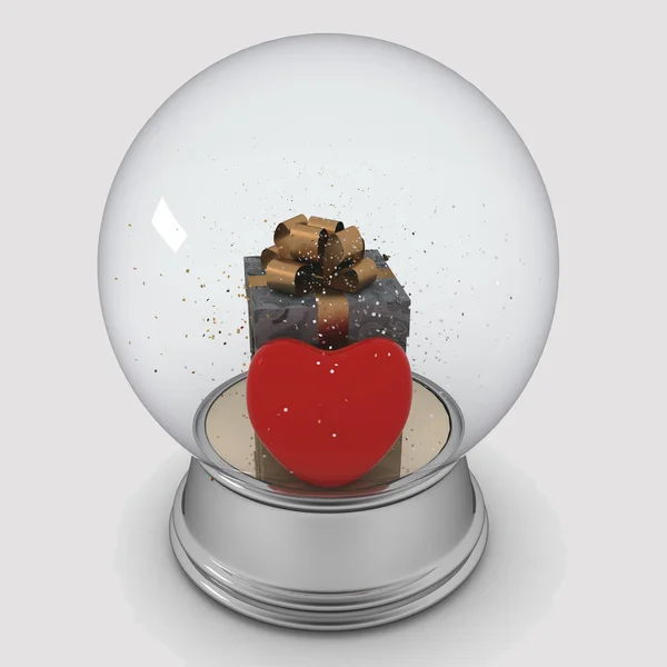 Globo de neve com caixa e coração vermelho — Fotografia de Stock