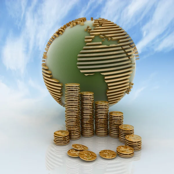 Globe with many gold coins — Stock Photo, Image