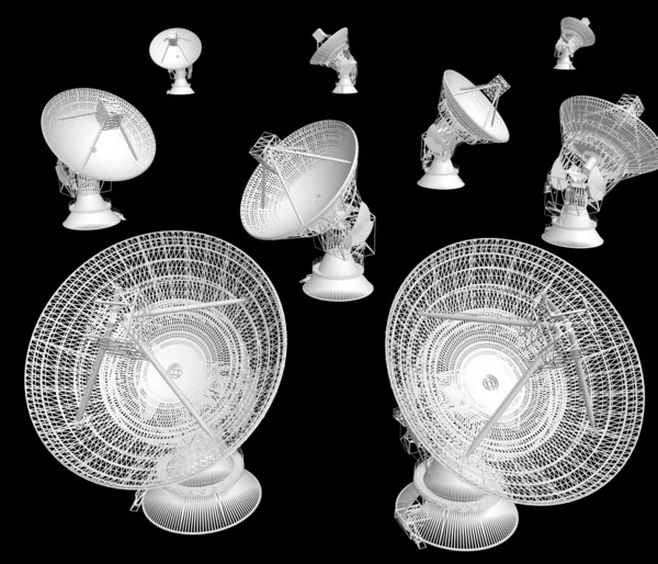 3D anten satelitarnych na czarnym tle — Zdjęcie stockowe