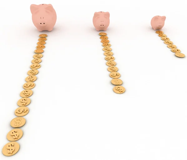 Three piggy-bank with paths from coins — Stock Photo, Image