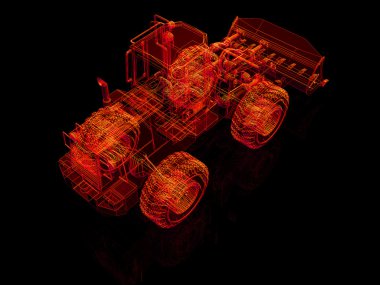 siyah arka plan üzerinde 3D model buldozer