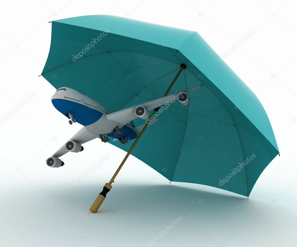 Passenger plane flies under the umbrella.