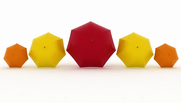 3 d の図は、白い背景に色とりどりの傘 — ストック写真