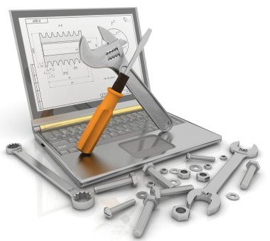Notebook tamir için Ayrıntılar bağlama ürünler ve araçları ile 3 boyutlu çizimi