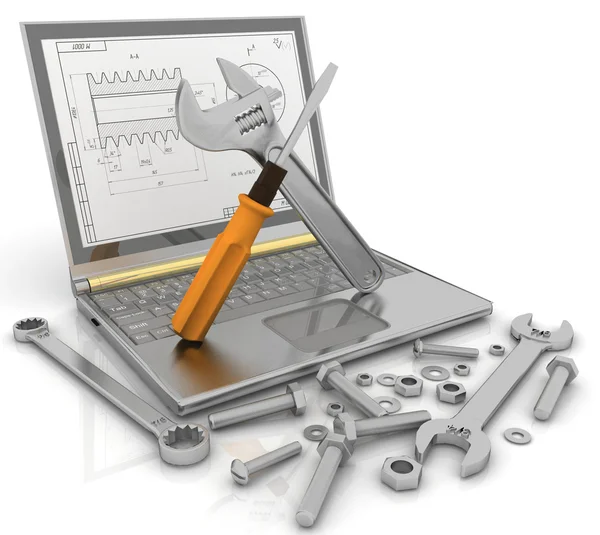 3-D иллюстрация ноутбука с инструментами и креплениями деталей для ремонта — стоковое фото