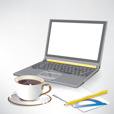 dizüstü bilgisayar, kitap ve kahve. vektör çizim.