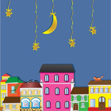 şehir ve gece gökyüzünde yıldızlar ve ay ile silüeti.