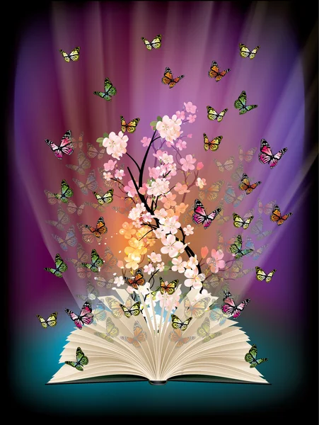 Open book with butterflies flying from it — Stock Vector