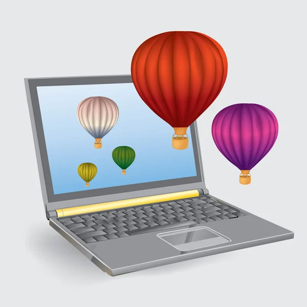 Horkovzdušné balóny vzlétnout z obrazovky přenosného počítače. Jednota 3d grafy a reálného světa — Stockový vektor