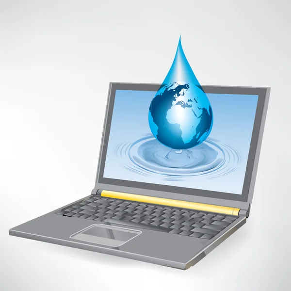 Vektor-Laptop mit Wasser und Erde, die aus dem Monitor plätschert — Stockvektor