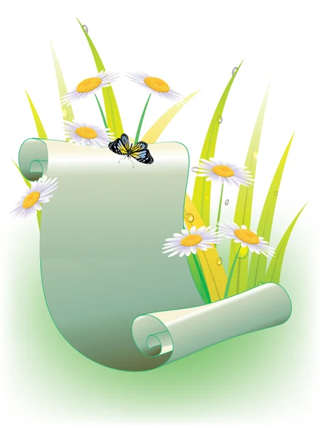 A piece of paper on the background of grass and flying butterfly — Stock Vector
