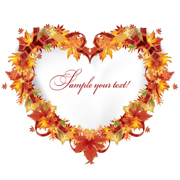 Autumn leaves in the heart frame with a red ribbon — Stock Vector