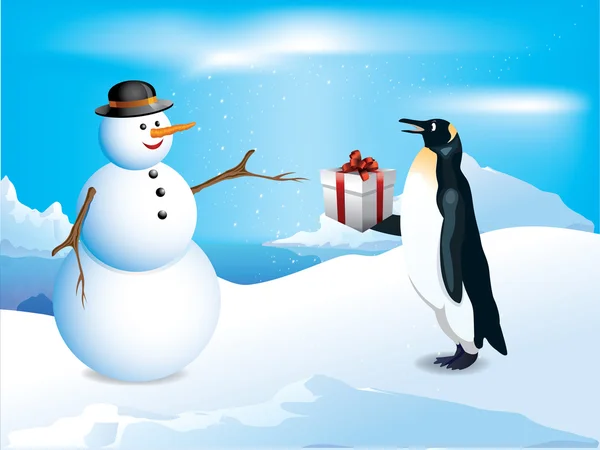 Vector illustration gives a penguin present a snowman — Stock Vector