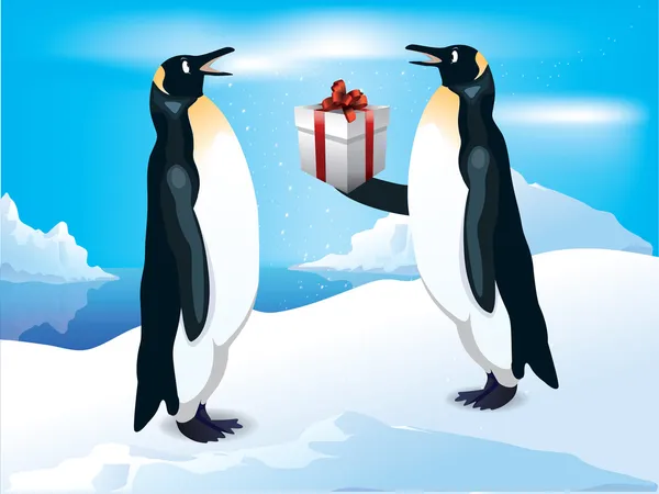 Pingüinos graciosos. Dar regalos en Navidad . — Archivo Imágenes Vectoriales