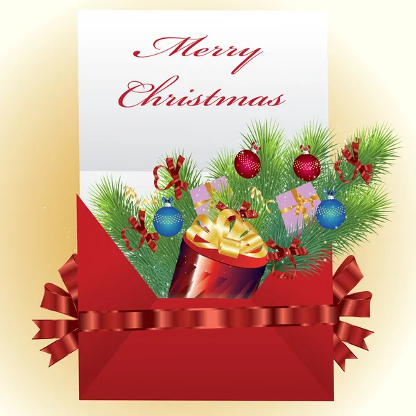 Krásná vektorovou obálka s dárky a vánoční stromek větve — Stockový vektor