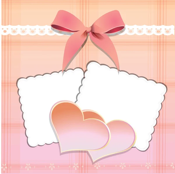 Two hearts with a bow and two postcards on a pink background — Stock Vector