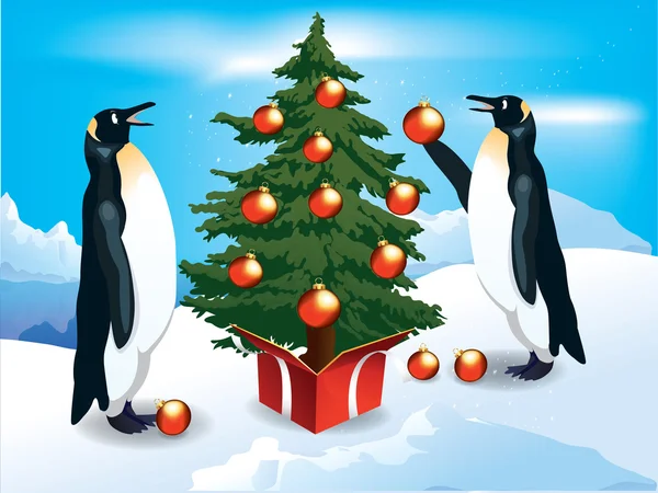 Penguins decorate the Christmas tree — Stock Vector