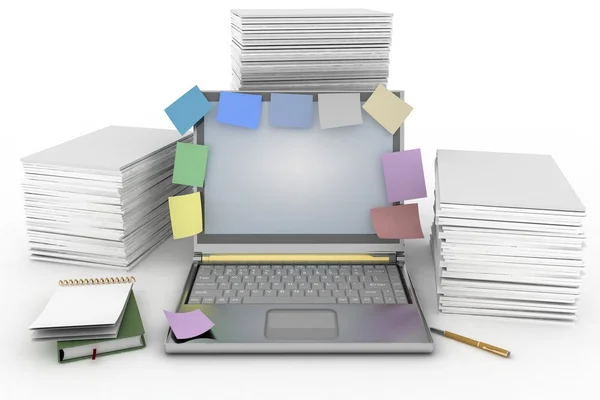 Reminders on a notebook with the piles of paper for printing — Stock Photo, Image