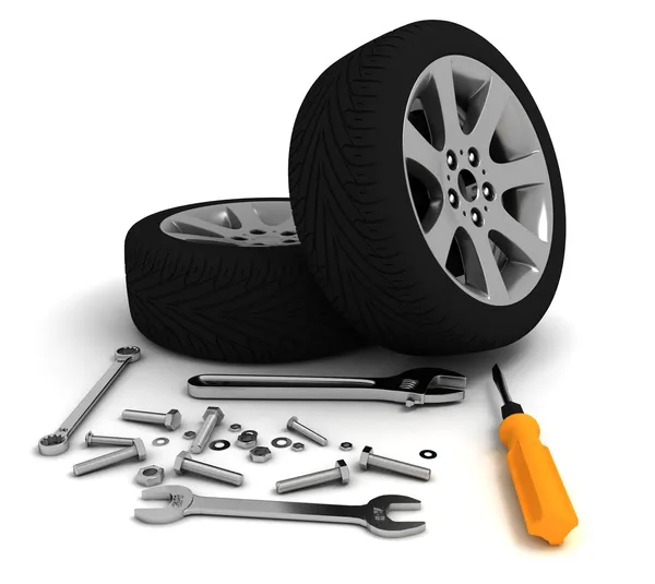 Wheel and Tools. Car service. Isolated 3D image — Stock Photo, Image