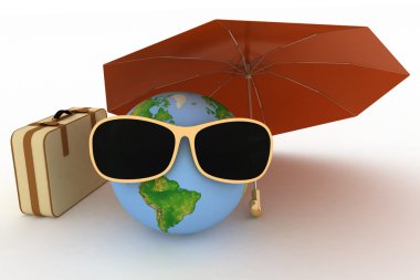güneş gözlüklü bir bavul ile 3D dünya ve şemsiye