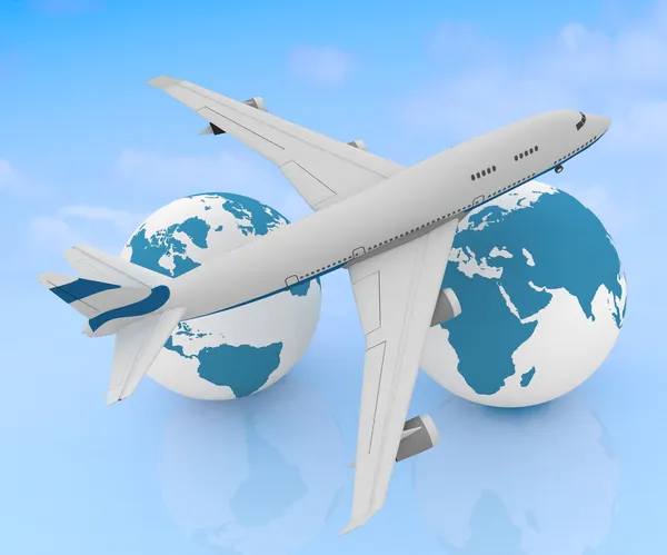 Airliner with two globe in the sky background — Stock Photo, Image