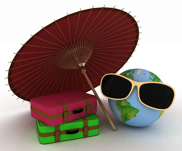3D globe v sluneční brýle s kufry a deštník — Stock fotografie