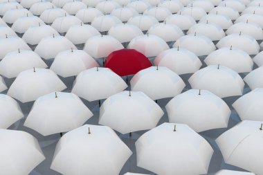 Red umbrella among other white umbrellas clipart