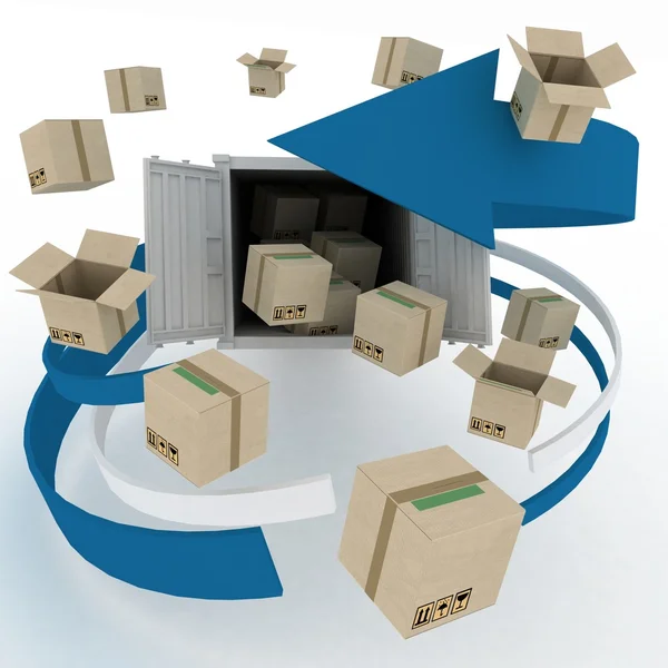 3d cardboard boxes around container on white background.