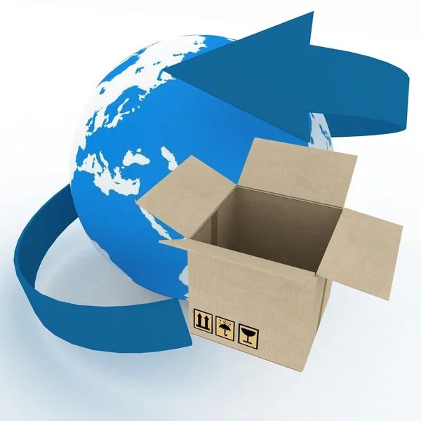 3d cardboard box and globe on white background. — Stok fotoğraf