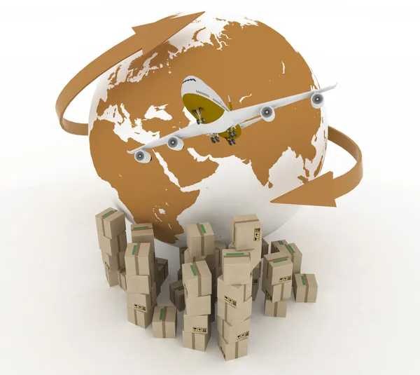 Trafikflygplan med världen med lådor på vitt. 3D global handel affärsidé — Stockfoto