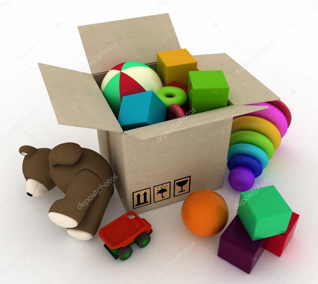 child's toys are in a box.