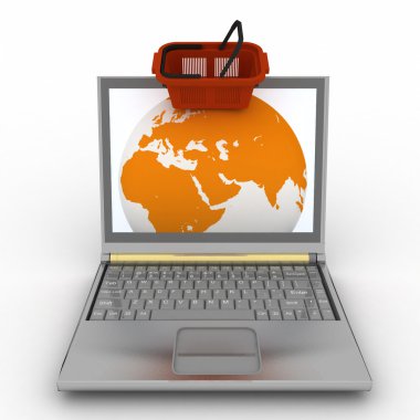 alışveriş sepeti ve küre içinde laptop
