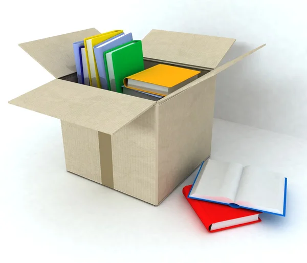 Caja de cartón con libros en blanco — Foto de Stock