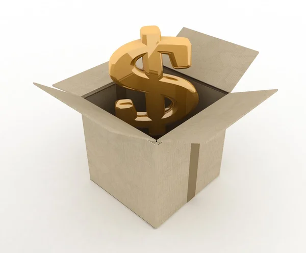 3D иллюстрация коробки с табличкой доллара внутри — стоковое фото