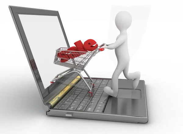 3d uomo e laptop shopping online su sfondo bianco — Foto Stock