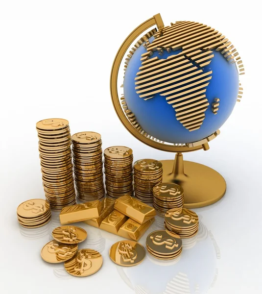 Gouden bol met vele gouden munten en bullions — Stockfoto