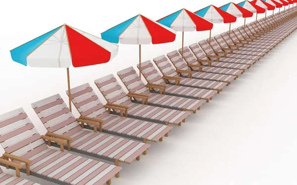 Row from many deck-chairs with parasols — Stock Photo, Image