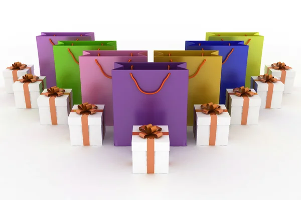 Boîtes avec cadeaux et sacs en papier multicolore — Photo