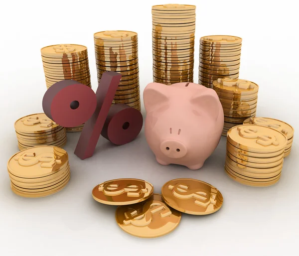 Piggy bank, procent en geld — Stockfoto