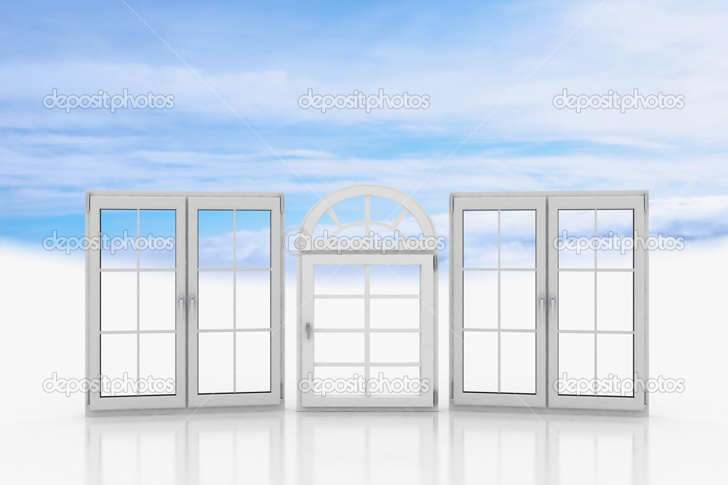 White windows with blue sky with clouds