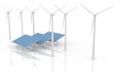 Rüzgar Türbini ve güneş panelleri beyaz zemin üzerine