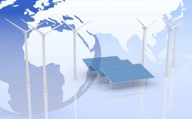 Rüzgar Türbini ve güneş panelleri dünya harita arka plan üzerinde