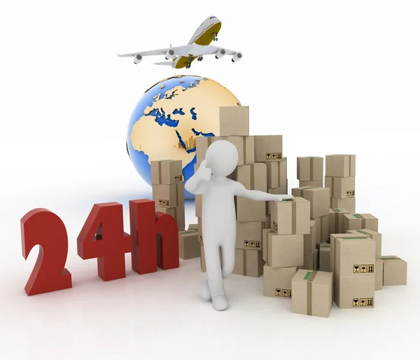 Man advertises a parcel delivery service within 24 hours worldwide — Stock Photo, Image