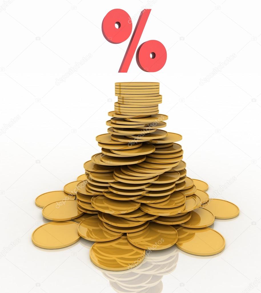 Pile of gold coins and a percent sign